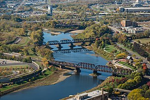 Battelle Riverfront and North Bank Parks on the east bank