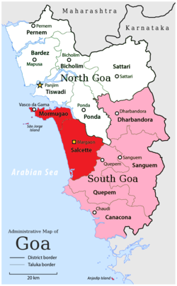 Location of South Goa district in Goa Red: Velhas Conquistas (old Portuguese conquests) Pink: Novas Conquistas (new Portuguese conquests) Yellow: District Capital