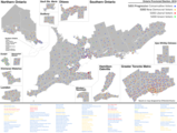 Each dot represents five-thousand votes for the party of the associated colour. Data is based on individual riding results. Dots are placed at random positions within the ridings that they belong to.