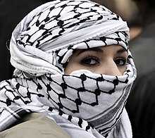 A woman wearing fishnet pattern keffiyeh,