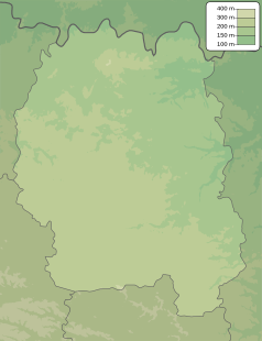 Mapa konturowa obwodu żytomierskiego, w centrum znajduje się punkt z opisem „źródło”, natomiast po prawej znajduje się punkt z opisem „ujście”