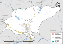 Carte en couleur présentant le réseau hydrographique de la commune