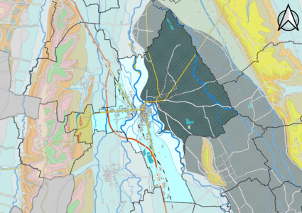 Carte montrant en couleurs le zonage géologique simplifié d'une commune