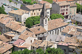 The church and surrounding buildings in Barrême