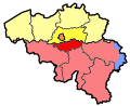Image 29Map showing the division of Brabant into Flemish Brabant (yellow), Walloon Brabant (red) and the Brussels-Capital Region (orange) in 1995 (from History of Belgium)