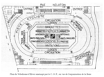 Karta över velodromen när den användes för boxning under OS 1924. Notera raden av stödpelare för att hålla upp glastaket längs mitten av arenen (sex kvadrater med kryss tvärs över bilden). De två i mitten var de som Dickson ersatte med en stålbåge, dels för att få plats med isrinken och dels för att kunna ha fler åskådarplatser med fri sikt vid exempelvis boxning.