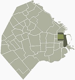 Location of the CBD (light and dark green) and the Microcenter (light green) within Buenos Aires.