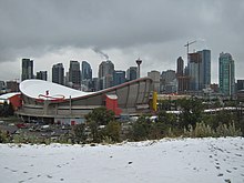 Winter panoroma of Calgary including the exterior of the Saddledome