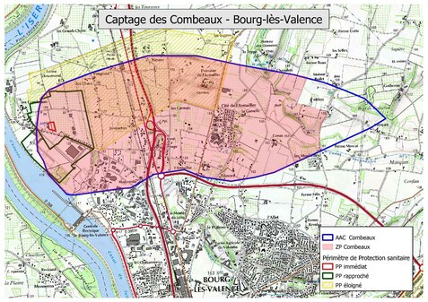 Captage des Combeaux à Bourg-lès-Valence - La zone bleue représente l'aire d'alimentation du captage tandis que la zone rose représente la zone de protection du captage[240].