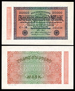 Twenty-thousand Mark at German Papiermark, by the Reichsbankdirektorium Berlin