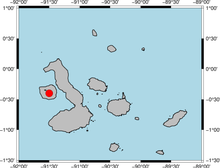 Map of the Galápagos islands with a red dot over the mantle plume location