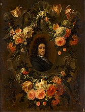 Portrait of a man encircled by a wreath of flowers