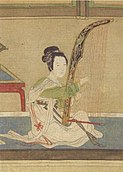 Konghou angular harp, shown on painted silk (1494–1552)