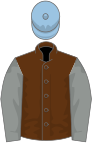 Brown, grey sleeves, light blue cap