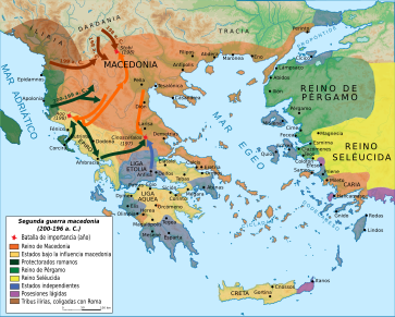 Mapa de la conquista romana de Grecia durante la 2.ª Guerra Macedónica en el s. II a. C.