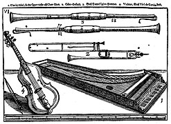 Gran clavecín situado entre otros instrumentos.