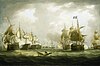 A number of sailing warships in groups on the left and right side of a painting, set on a choppy green sea, and overcast sky, obscured by smoke.
