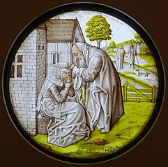 Tobit comforts Anna, stained glass roundel, southern Netherlands, c. 1500