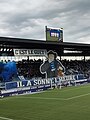 Tifo du kop lausannois pour le retour du LS dans l'élite en 2023 et qui fait référence à la vieille tradition du guet de la cathédrale de Lausanne.