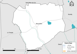 Carte en couleur présentantle réseau hydrographique de la commune