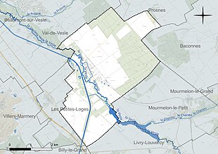 Carte en couleur présentant le réseau hydrographique de la commune