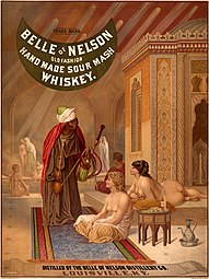 Belle of Nelson, whiskey poster (1878), based on a harem scene by Jean-Léon Gérôme.