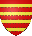 Gules, four barrules indented Or