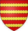 Gules, four barrules indented Or
