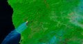 Chetco Bar Fire in Brookings effect wind on August 19, 2017, MODIS Terra 721 false color, infrared satellite image.