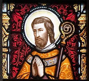 Saint Áedan (Maedoc), stained glass window in Enniscorthy Cathedral.