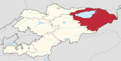 Map of Kyrgyzstan, location of Issyk-Kul Region highlighted, with Lake Issyk-Kul in blue