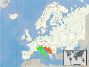 Mapa indicando localização da Itália e da Iugoslávia.