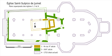 Plan au sol des églises du dixième, du douzième et de l'église actuelle depuis 1753.