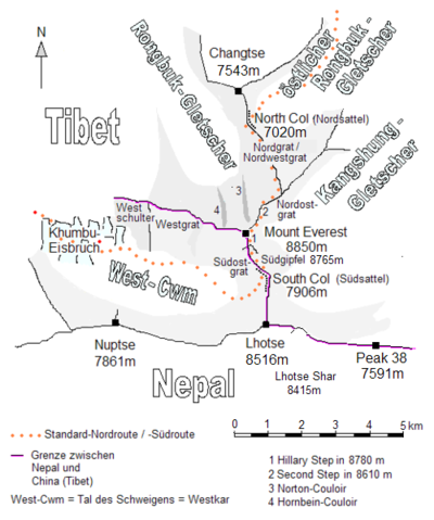 Map of Mount Everest, South Col, and Hillary Step