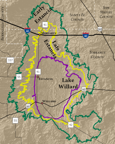 Map of the shoreline of Lake Estancia at three different periods