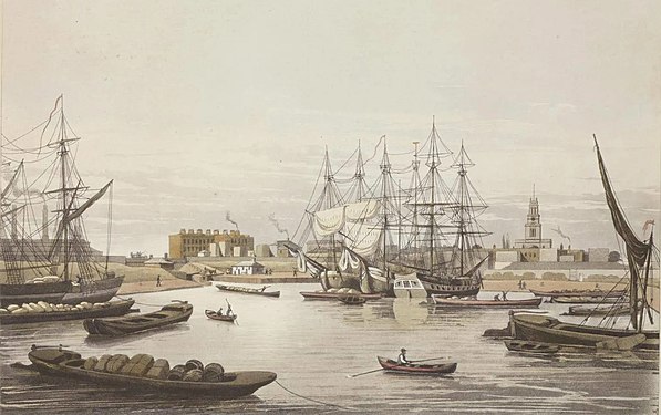 Limehouse Basin 1827 with shipping and barges; notice the sloping banks