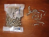 Dried niboshi (sardines) in and out of the package, used in Japanese cooking