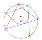 Two poristic triangles ABC and A'B'C' with respect to circles I(r) and O(R)