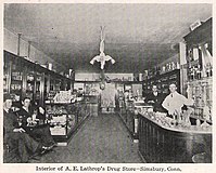 Typical American drug store with a soda fountain, about 1905