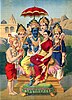Rama and Sita, Hanuman, and Rama's three brothers Lakshmana, Bharata, and Shatrughna