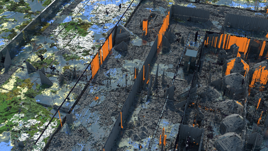 A render from the same perspective as of February 2020, which, in comparison to the render to the left, shows how the destruction of the spawn area has greatly increased over time.