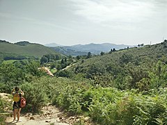 Paysage depuis le sentier montant au sommet de la Rhune, avec le Pays basque en fond.