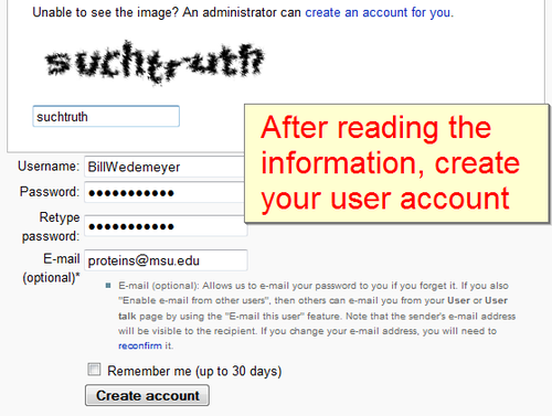 Partial view of the form for starting a user account, showing the CAPTCHA image (which says "blood using") at the top, the "Create account" button at the bottom, and the text boxes for the user name, two repetitions of the password and an optional e-mail address in the middle.