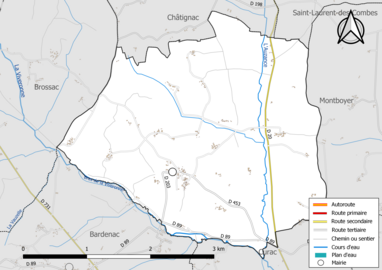 Carte en couleur présentant le réseau hydrographique de la commune