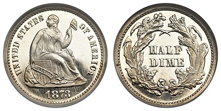 The two-cent piece, three-cent silver, and half dime were discontinued by the Coinage Act of 1873.