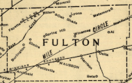 1890 railroad map. Emery would be located near the "U" in "Fulton," just southwest of "Spring Hill." Note that Beta, another extinct town in Fulton County, is also drawn on the map.[9]