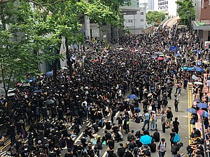 Protesters outside the Hong Kong Police Headquarters in Wan Chai.