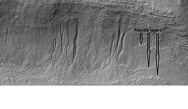 Gullies and layers in mantle on a wall, as seen by HiRISE under HiWish program