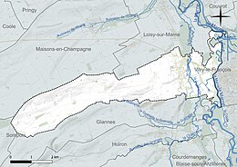 Carte en couleur présentant le réseau hydrographique de la commune