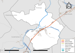 Carte en couleur présentant le réseau hydrographique de la commune